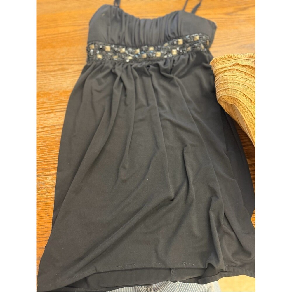 Roulette Black Beaded Waist Spaghetti Strap Dress